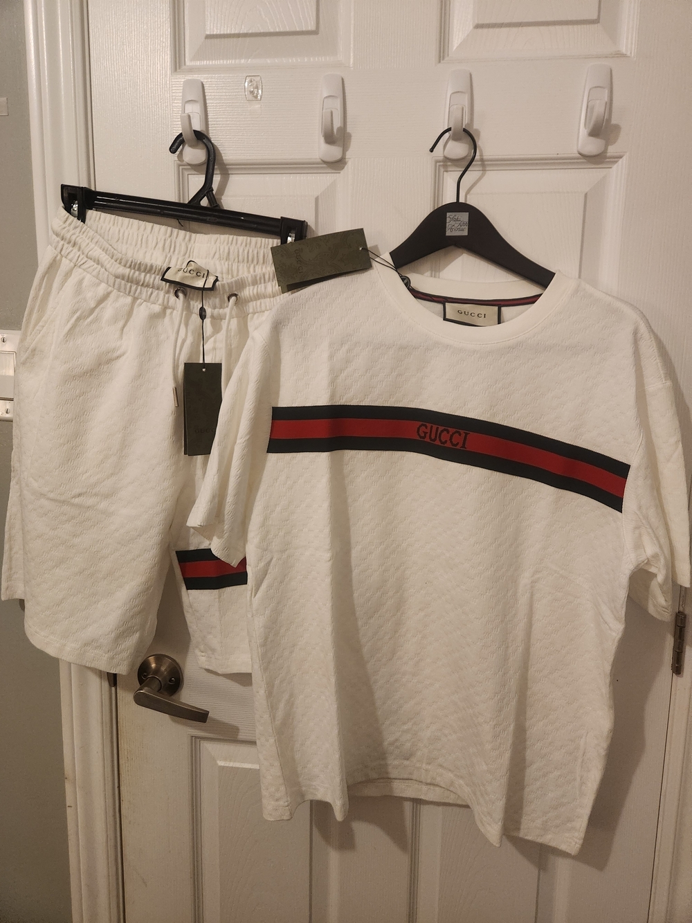 Gucci White Men's Logo Stripe Tee & Shorts Set